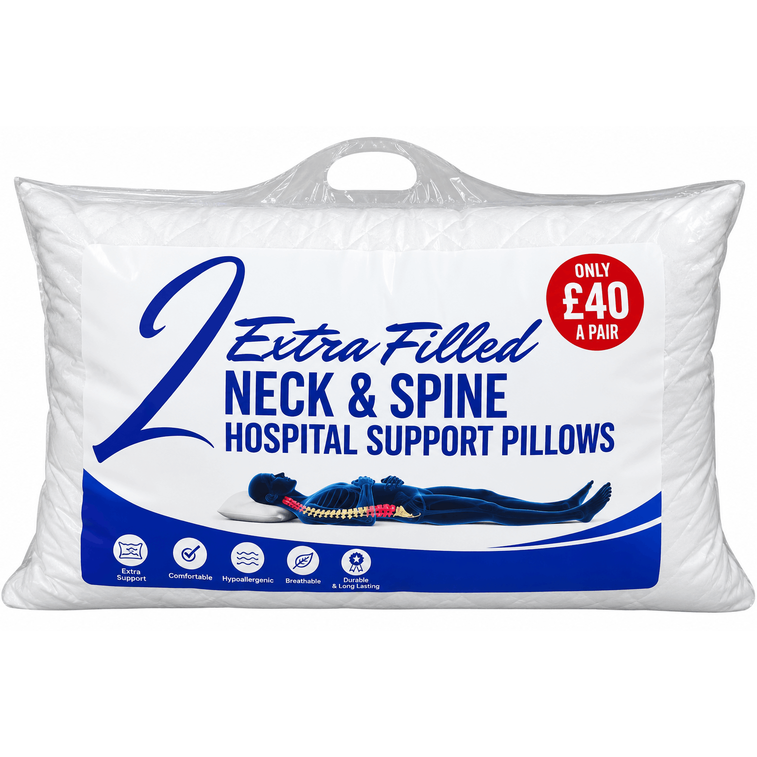TEMU Pack Of 2 Extra Filled Quilted Neck & Spine Support Pillows - Plush With Embroidery Breathable Cotton, Extra Filled Hotel Polyester Fiber,