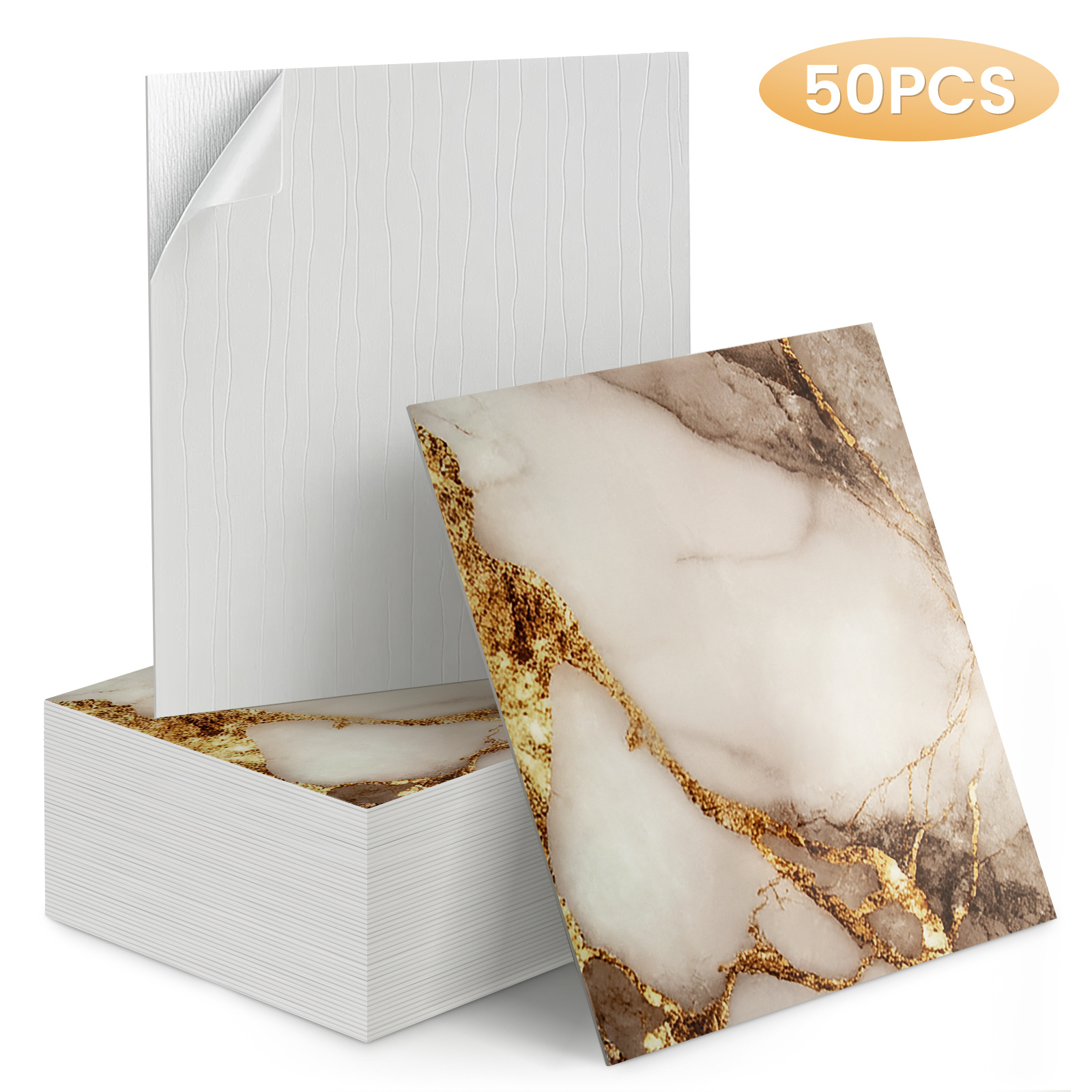 Image of 50pcs Of Self-adhesive Marble-effect Wall Tiles (30 X 30 Cm) - Wall Panels For Peeling Off And Sticking For Kitchen, Bathroom, Bedroom, And Living Room