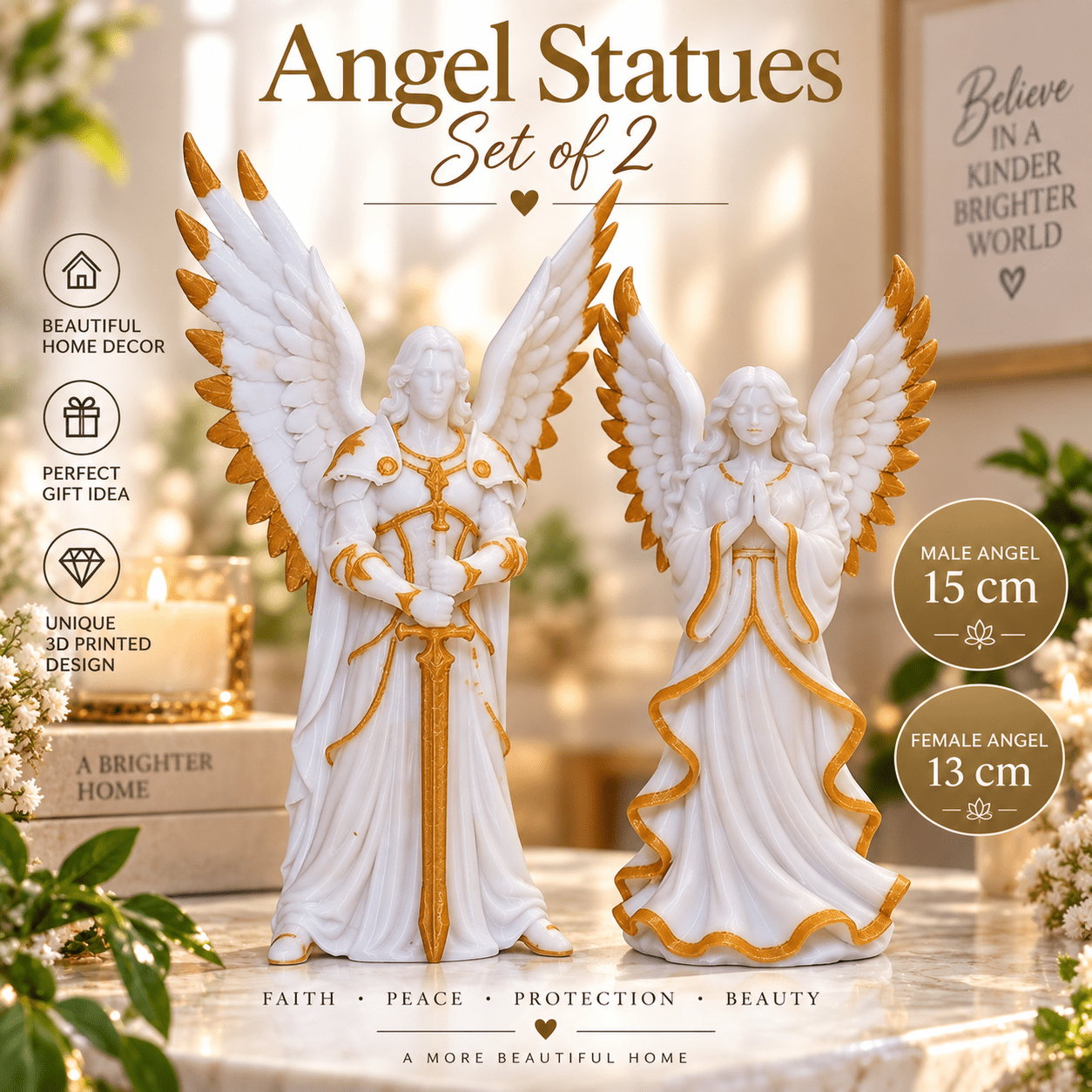 Image of Statues Set Of 2 – 3d Printed Decorative Figurines, White & Gold, Male & Female Figures For Home Decor, Shelf & Table – 15 Cm
