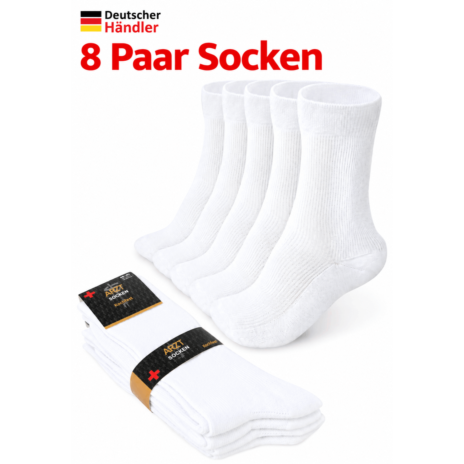 Image of 8 Pairs Of White Doctor Socks For Men And Women, , No Rubber, , Boil-resistant, High-quality Socks, Unisex, Ribbed, Sizes 35-38, 39-42, 43-46