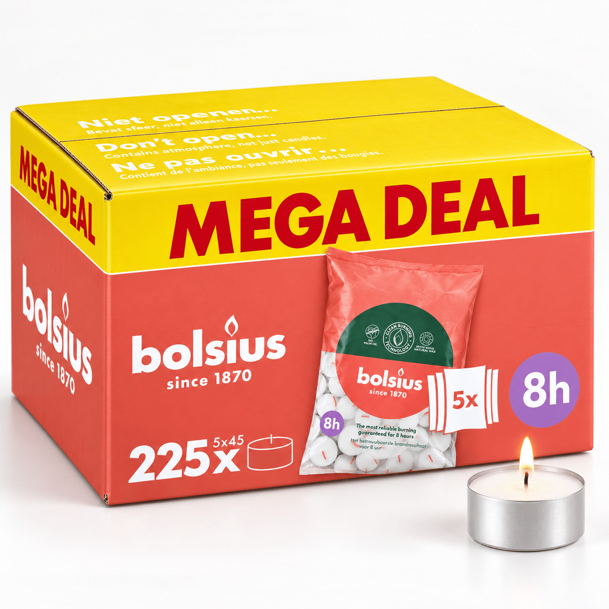 TEMU Bulk Pack Bolsius 225 Pack Tea Light Candles, Up To 8 Hour Burn, White Unscented Tealights, 5 Packs Of 45, Long Burning Candles For Home, Dining