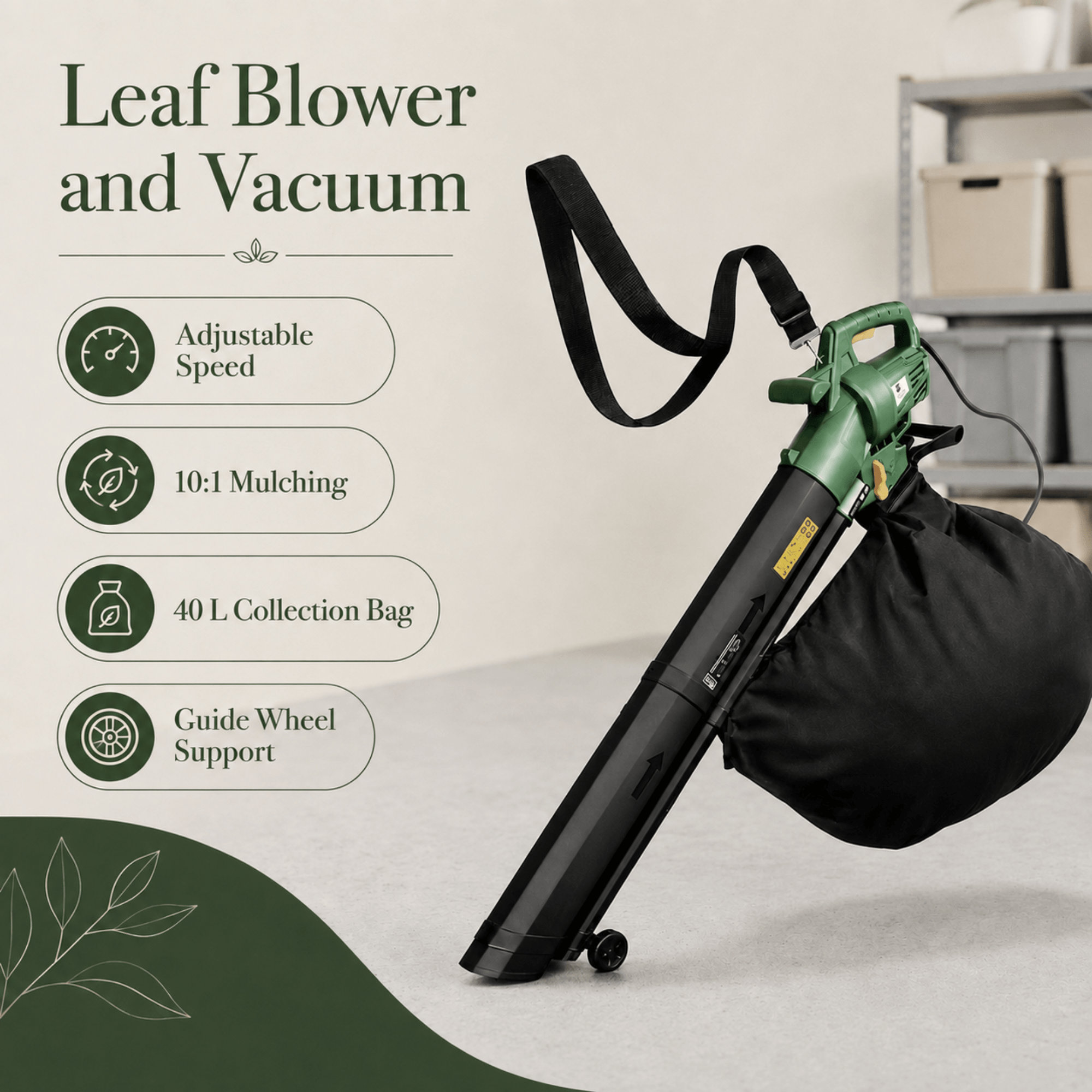 TEMU 3000w 3-in-1 Leaf Blower Vacuum & Mulcher – Heavy Duty Garden Cleaner With 45l Collection Bag, Wheels, Shoulder Strap & 10m Cable
