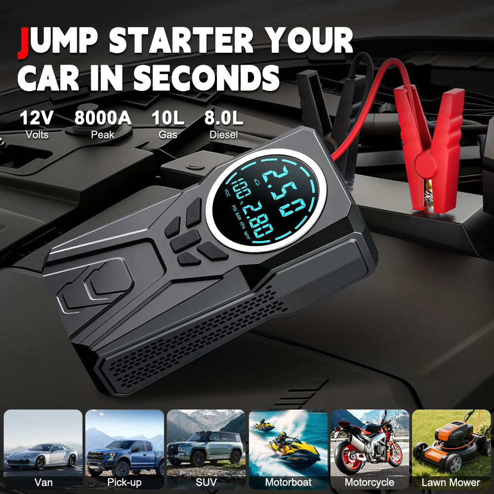 TEMU 10‑in‑1 8000a Car Jump Starter With 150psi Tire Air Inflator, Portable Car Battery Booster Jump Starter Pack, Digital Tire Pressure Display,