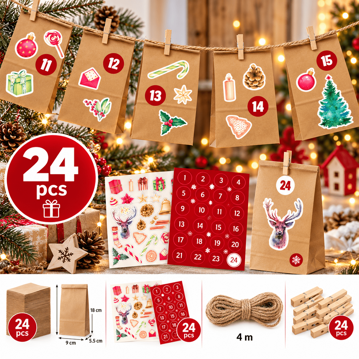 TEMU Calendrier de l'Avent à Soi- – 24 Sacs en Papier , Autocollants Numérotés, Ficelle en Jute 4 m et Pinces en Bois