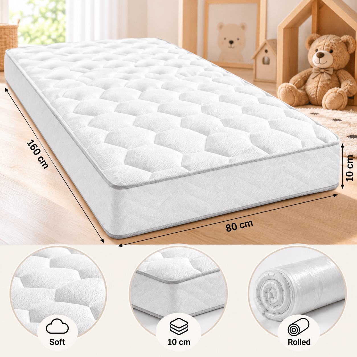 Image of Child Mattress 80 × 160 Cm Thick 10 Cm – , 20 Kg/m³ Foam, Delivered Rolled – Compatible With Cabin Bed & Tent Bed