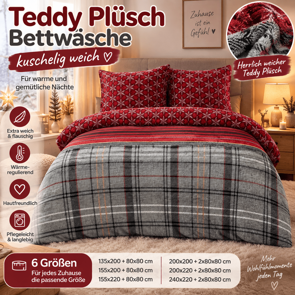 TEMU Winter Teddy Plush Cashmere , Cuddly, Warm, Striped, Checkered, Snowflake, Red, Gray, Black With Zipper, Plush, Set, Winter Bedding, Reversible,