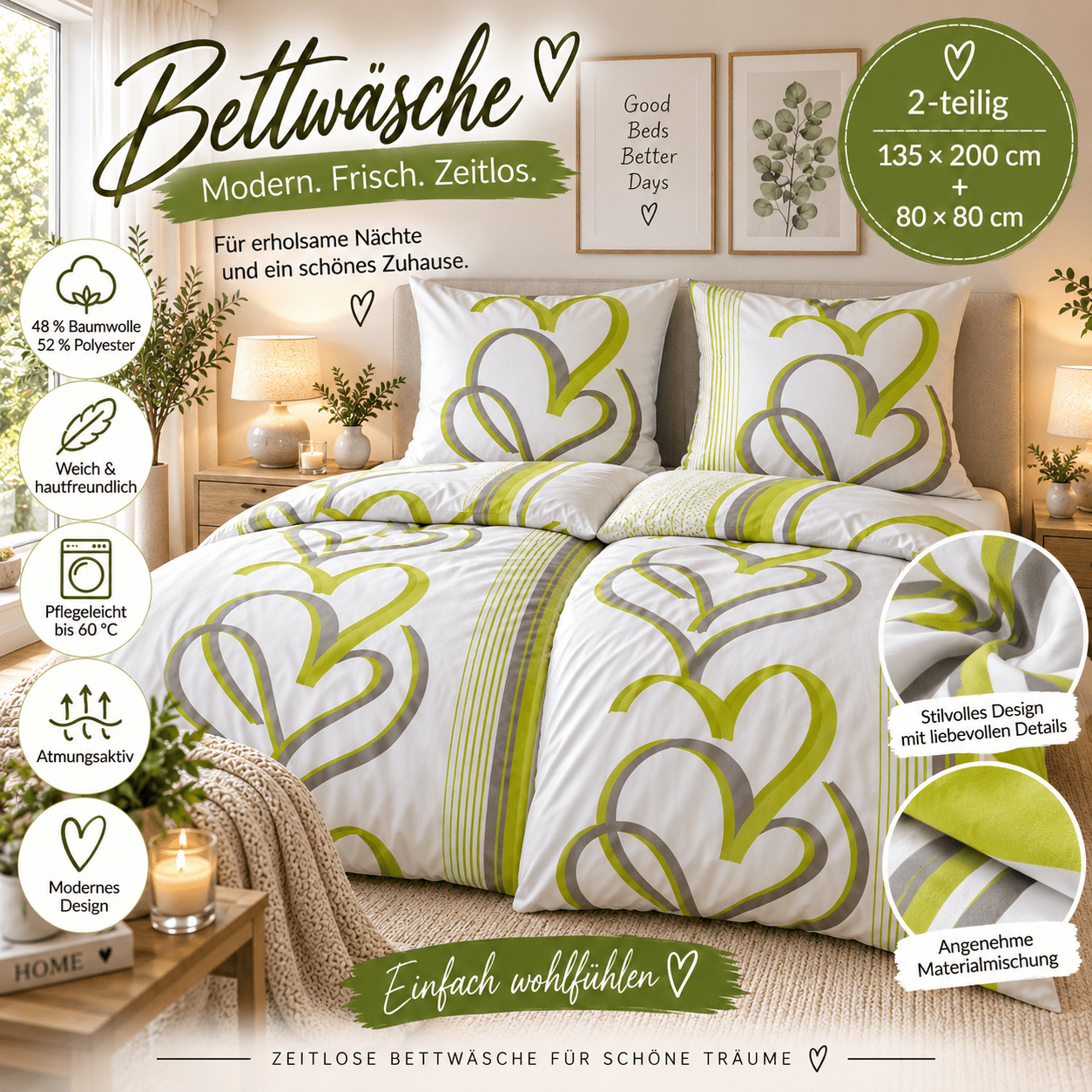 Image of Bed Linen 135 × 200 Cm + 80 × 80 Cm - Green Heart Reversible Bed Linen With Button Closure