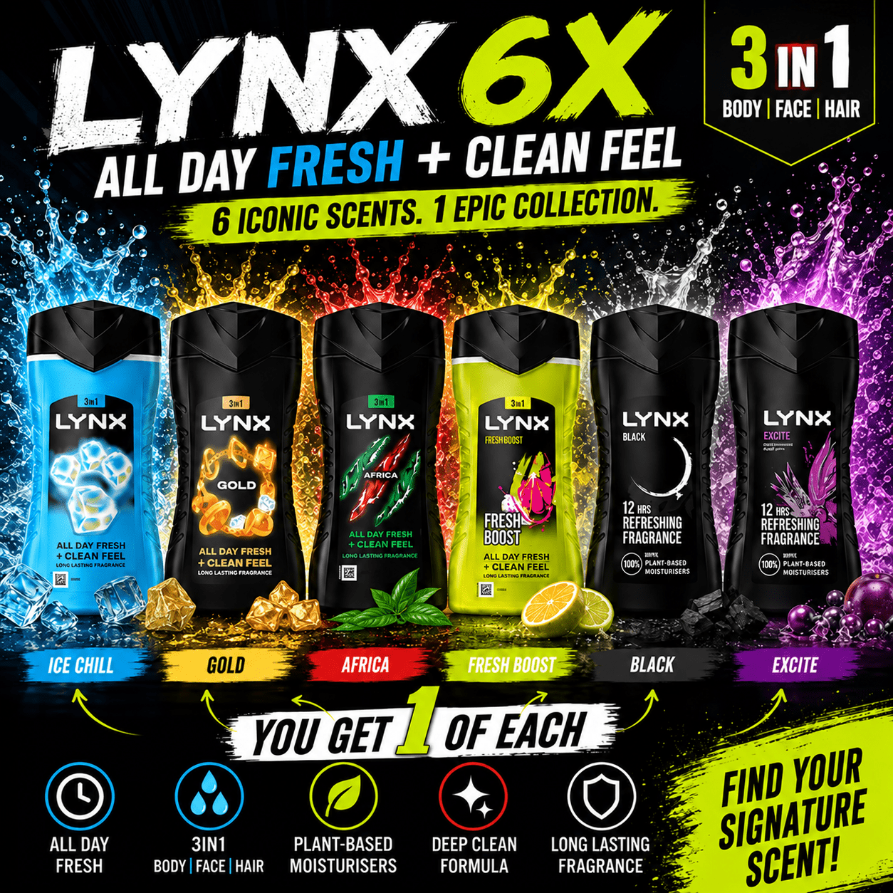 TEMU Lynx 6-piece Men’s Body Wash Set – 1 Scent, 3-in-, Wash, , Gold, Africa, Fresh, Black &