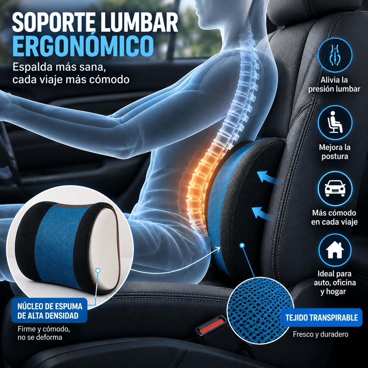 TEMU Cojín lumbar de espuma viscoelástica ergonómico para silla de oficina y coche, soporte para aliviar el dolor lumbar.