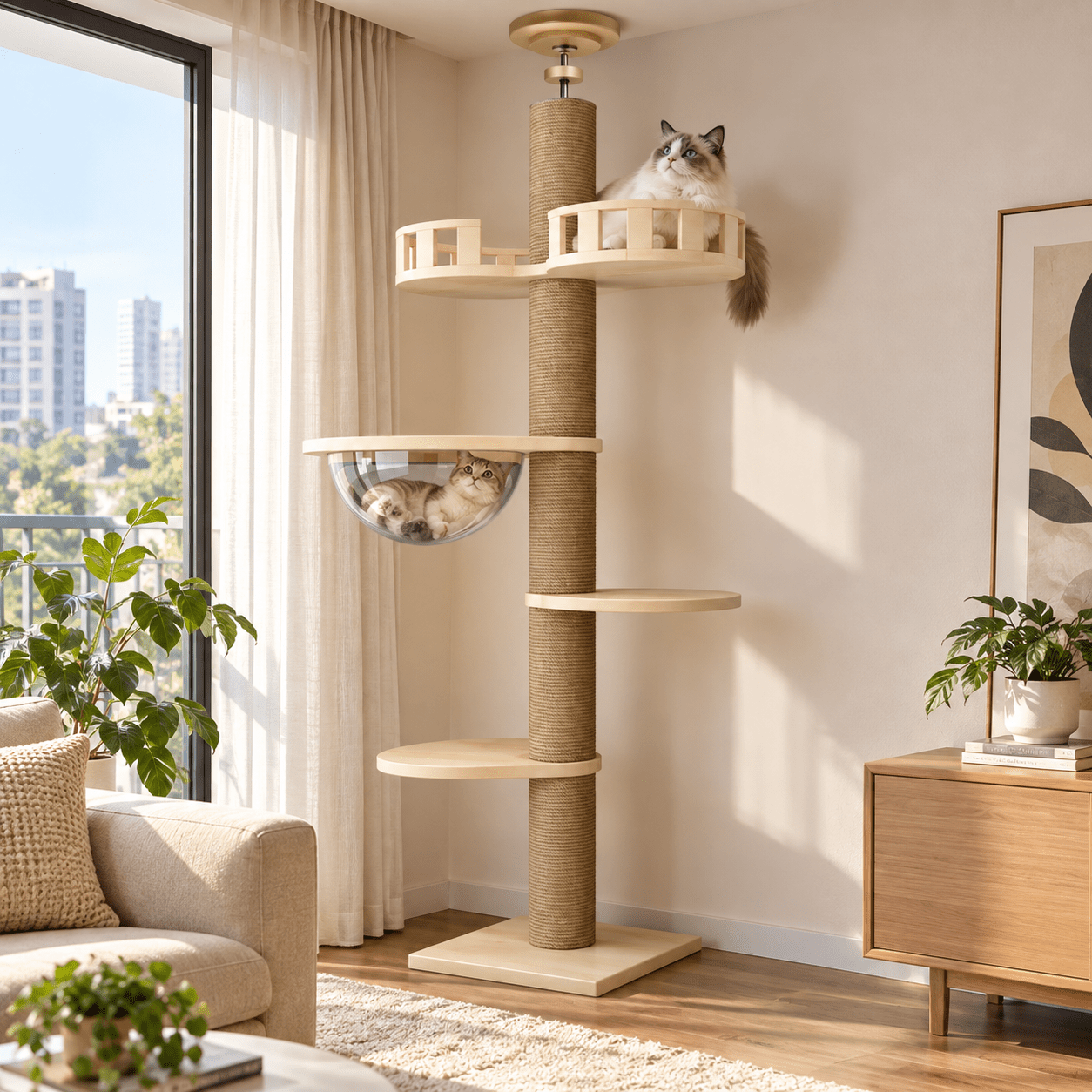 TEMU Adjustable Cat Tree 255–265 Cm, 5 Platforms, Sisal Scratching Post & Transparent Bowl, Floor-to-ceiling Mount