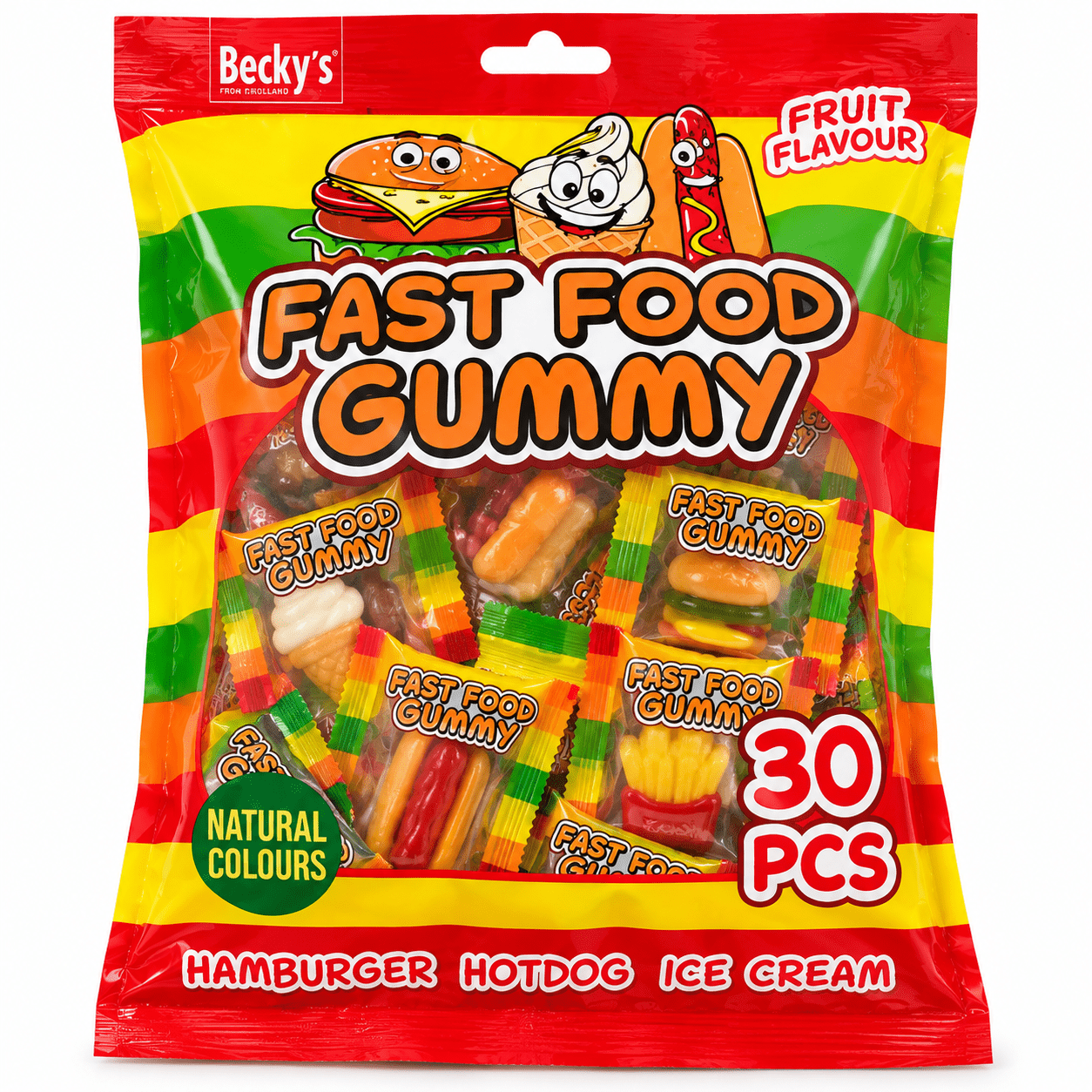 Image of Becky’s Fast Food Gummy 240 G – 30 Individually Wrapped Fruit Gummies – Hamburger, Hotdog & Ice Cream – Colorful Candy Mix With Natural Colors