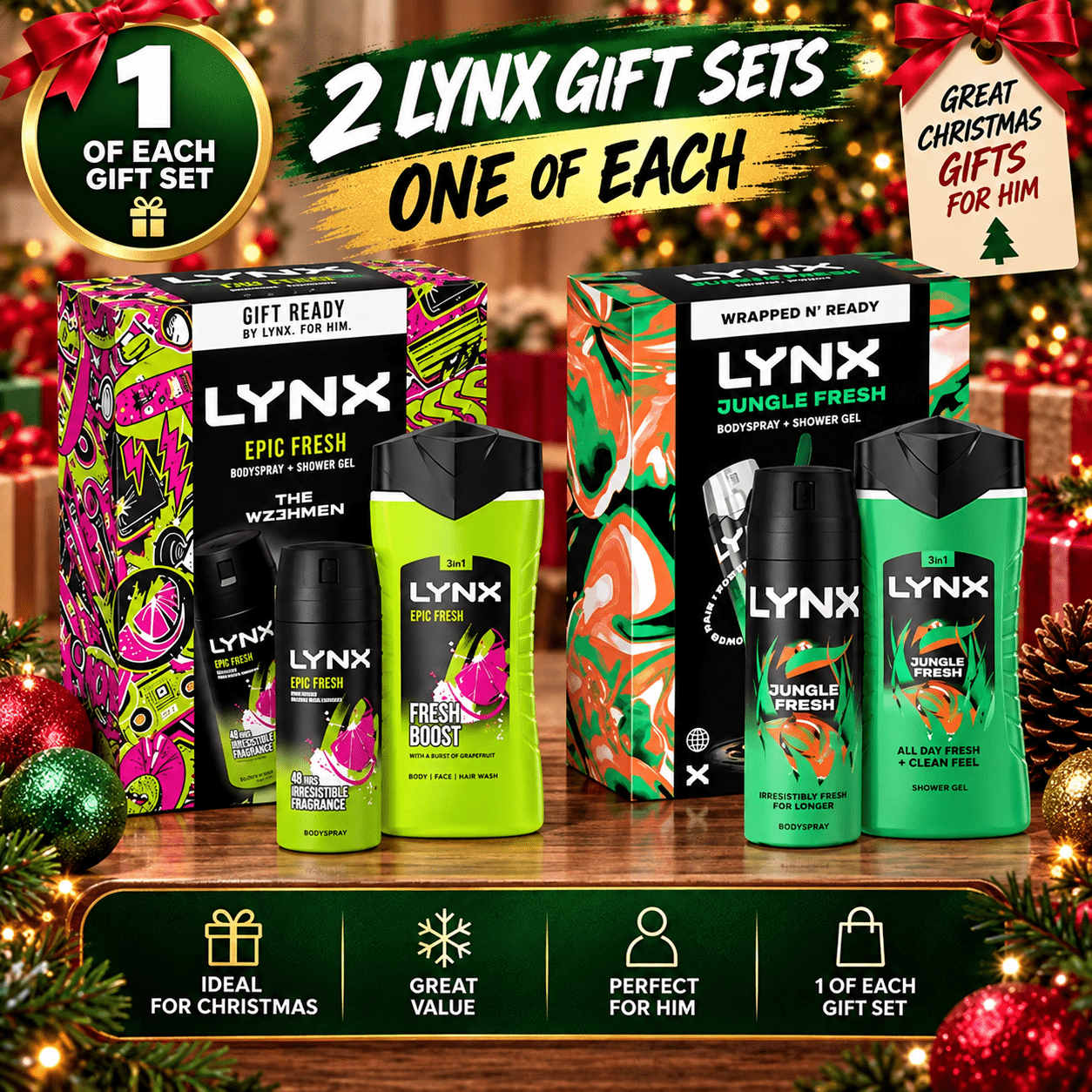TEMU Lynx Men’s Christmas Gift Set Bundle – Fresh & – 2 Gift Sets, Each – Body Spray & Shower Gel