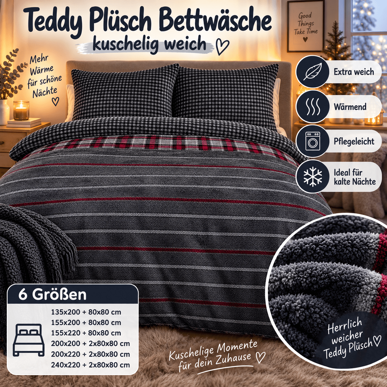 Image of Winter Bedding Teddy Plush Cashmere Touch Fluffy Striped Checkered Black Red Gray With Zipper Plush Plush Set Winter Bedding Reversible Side Cold Warming Christmas Extremely Warm