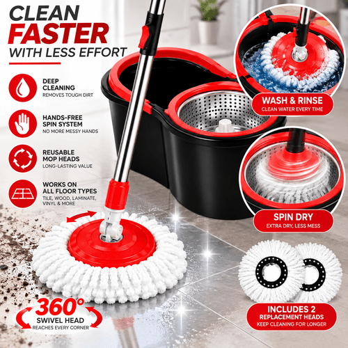 360 spin mop bucket cleaning system with stainless steel wringer hands spin dry floor mop with microfibre head 2 replacement mop heads for tile laminate vinyl wood floors