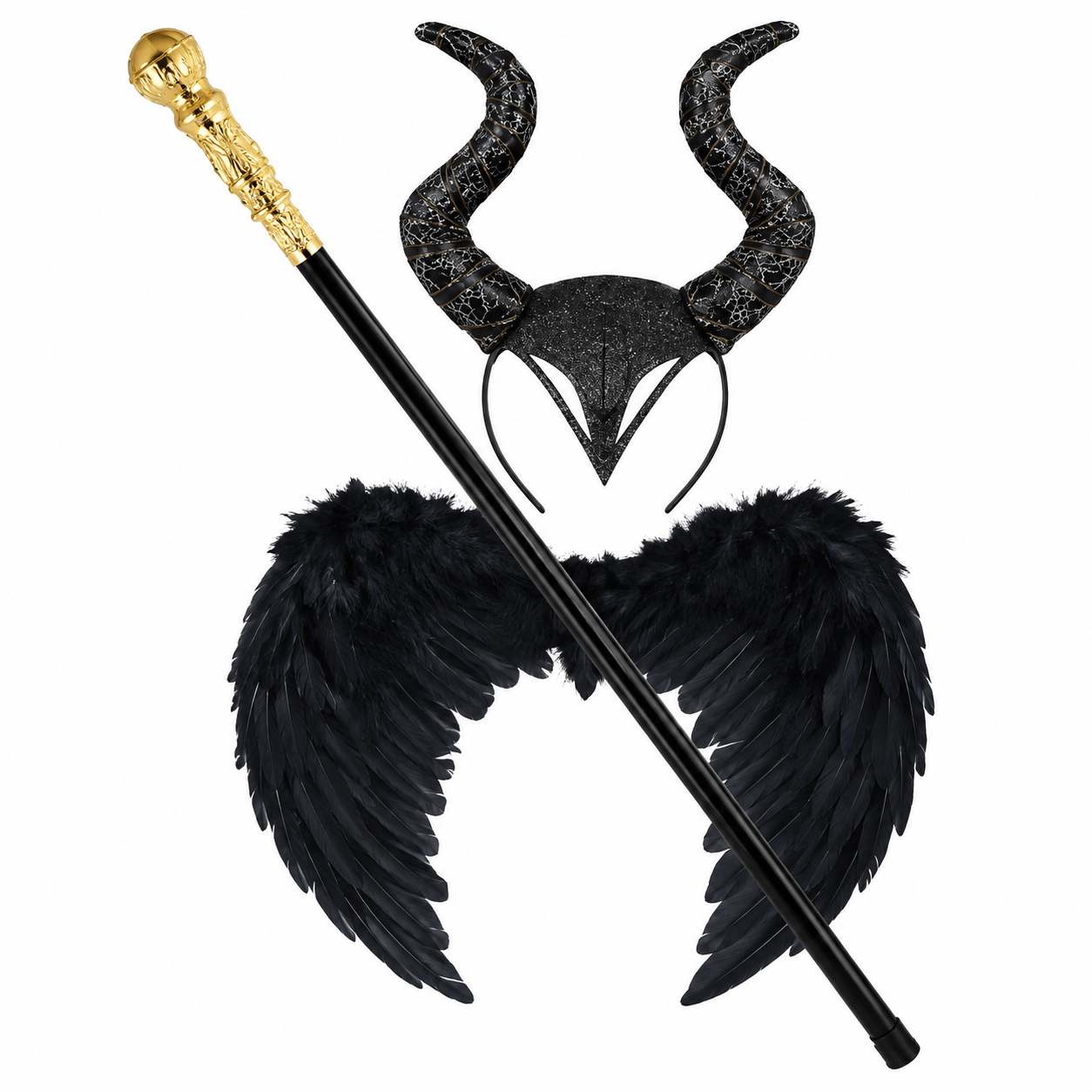 TEMU 3pcs Adult Black Dark Costume Accessory Set | Feather Wings, Horn Headband & Decorative Staff | Halloween Fancy Dress Accessories For Parties,