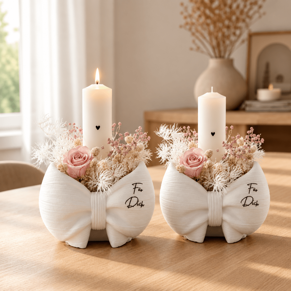 Image of Handmade Candle Set Design - Cast Decorative Vessel With Dried Flowers & Stump Candle "for You" - Minimalist Boho & Japandi Home Decor, Gift Idea