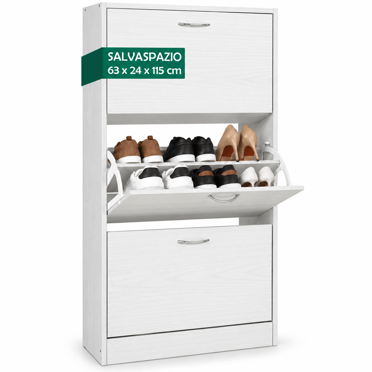 TEMU BAKAJI Scarpiera Portascarpe in Legno MDF Ante Porta Scarpe a Maniglie in Metallo Doppia Profondit� Dimensioni Compatte Slim 63 x 24 x 115 cm