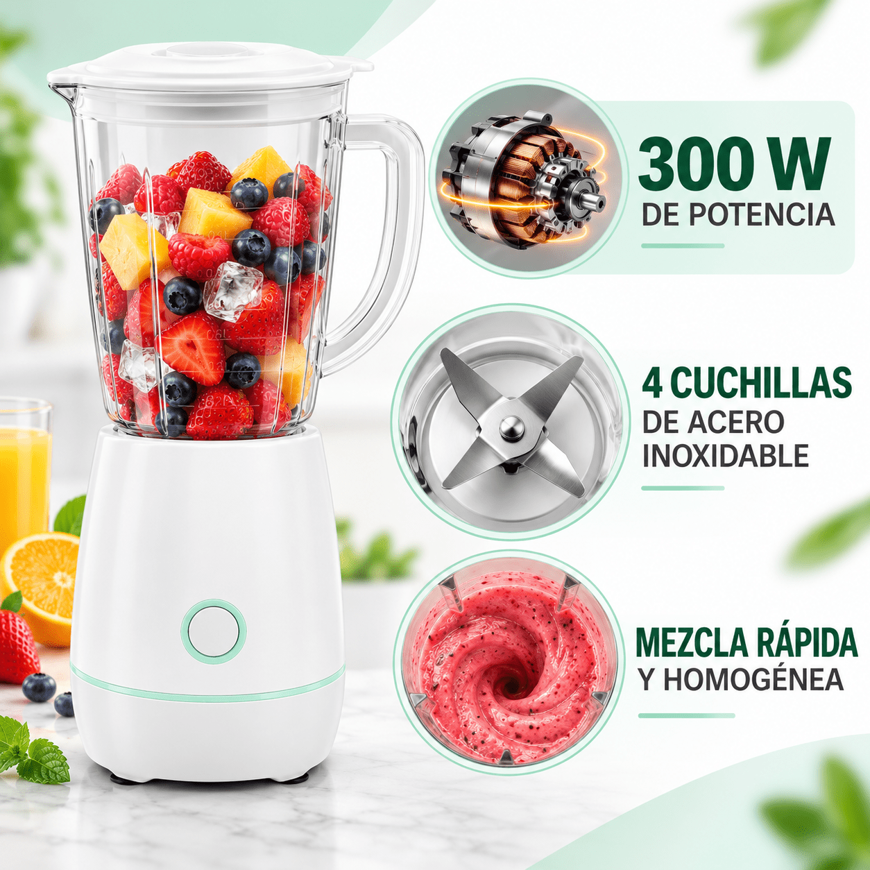 TEMU Batidora de Vaso 300 W, Capacidad de 600 ml, 4 Cuchillas de Acero Inoxidable, Jarra con Asa y , Batidora Multifunción para Batidos, Smoothies,