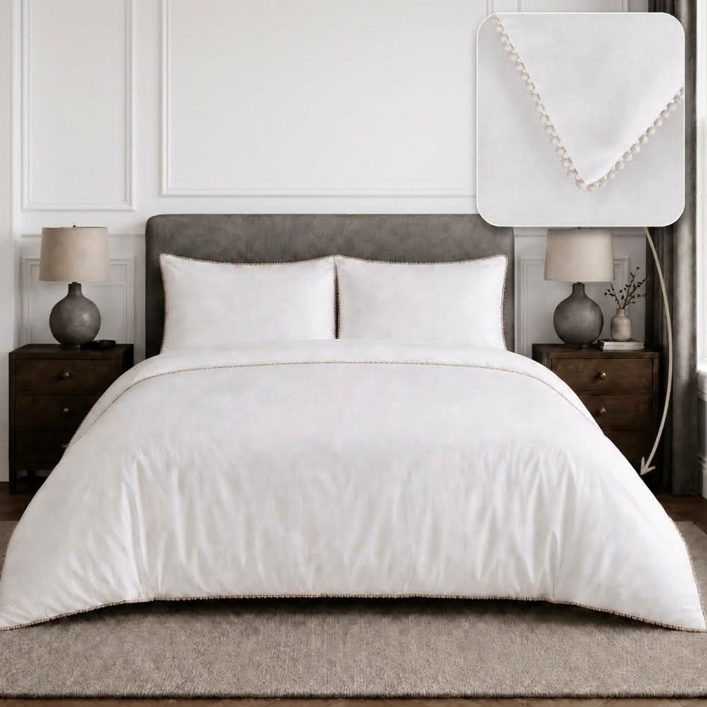 TEMU Soho Pom Pom White Duvet Cover Set – 100% Cotton Reversible Bedding Set With Pillowcases | Soft, Breathable & Durable Quilt Cover | Machine
