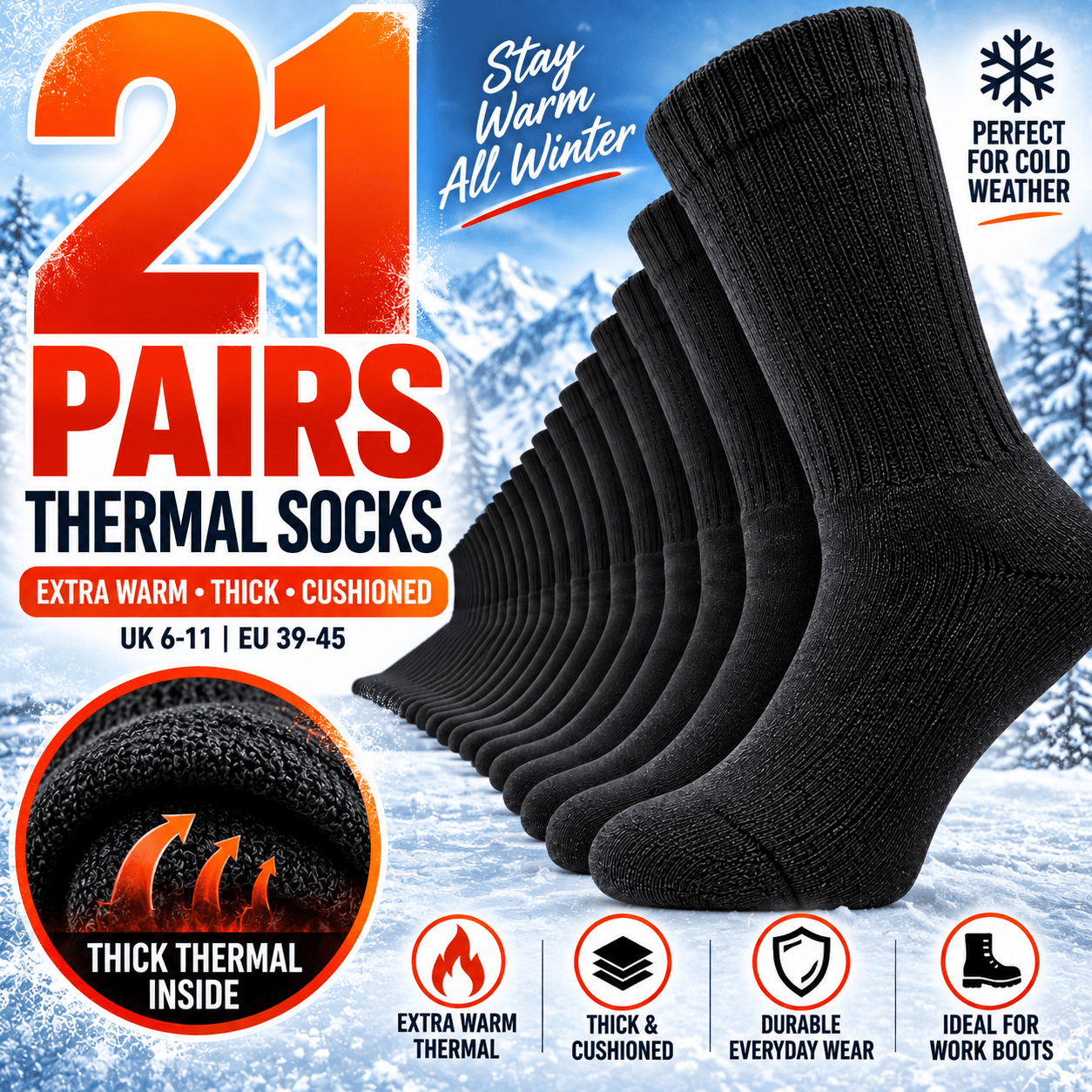 TEMU 21 Pairs Men's Thermal Socks Extra Warm Thick Winter Work Boot Socks Soft Cushioned Warm Socks For Cold Weather Uk 6-11 Black