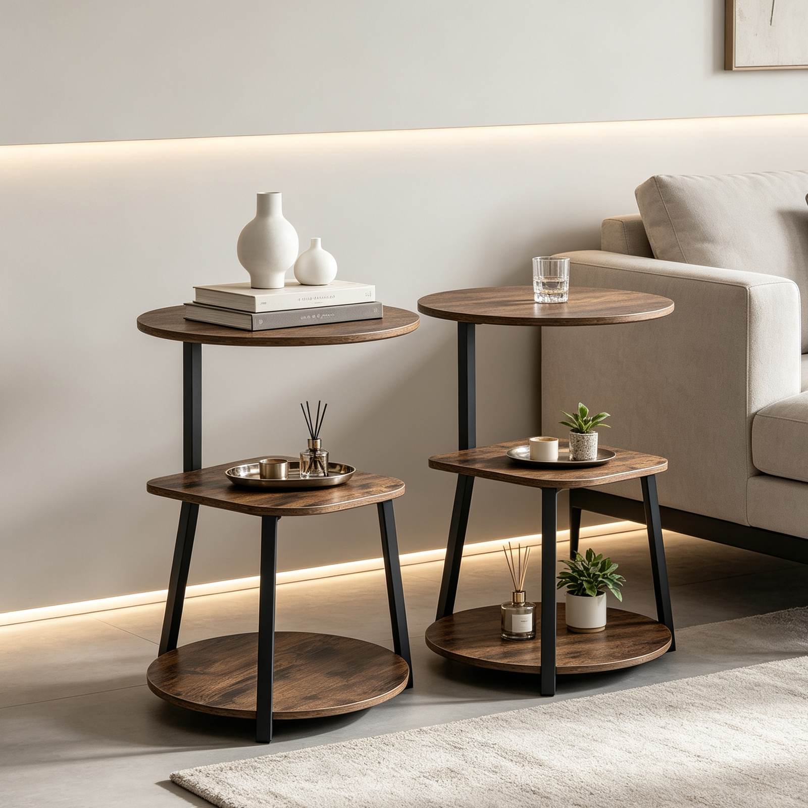 Image of Set Of 2 Round Side Table, 3-tier Nightstand With Metal Frame, Wood-effect Shelves And Adjustable Feet For Living Room