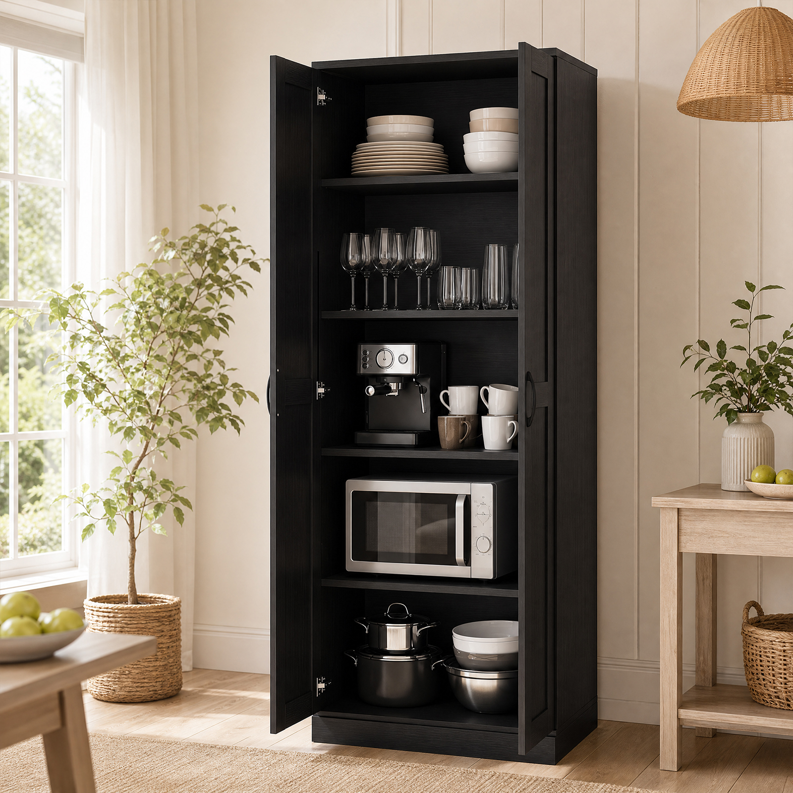 Image of 178 Cm Cabinet, Kitchen Storage Cabinet With Adjustable Shelf And 4 Compartments, Wooden Tall Cabinet With 2 Doors