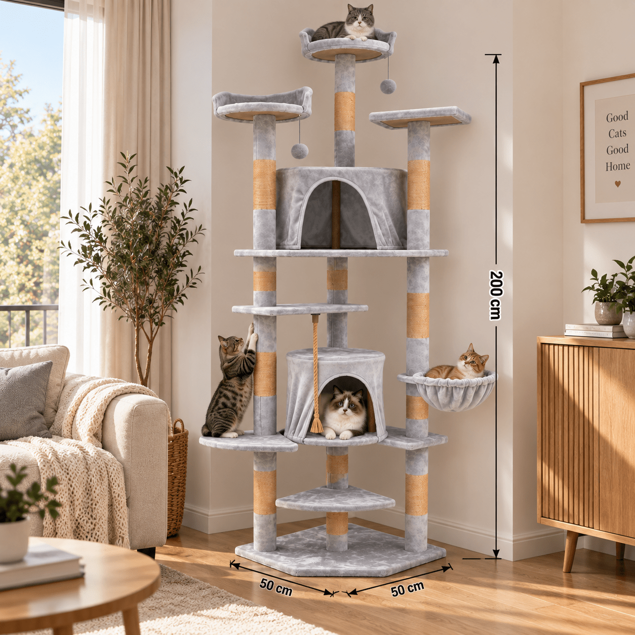 TEMU Árbol para Gatos XXL de 200 cm, para Gatos de Múltiples Niveles con 2 Nidos, Hamaca, Plataformas y Postes Rascadores de Sisal, 50 × 50 × 200 cm