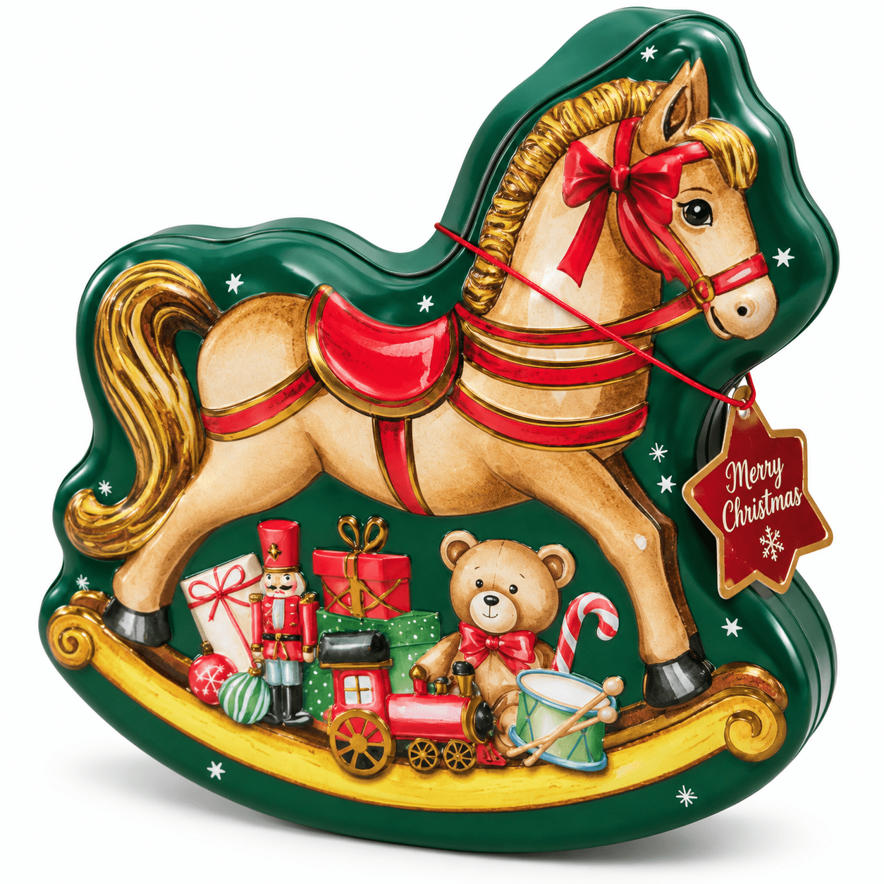 Image of Becky’s Christmas Rocking Horse Metal Tin 195 G – 15 Toffees With Milk Chocolate – Festive Gift Box In Horse Shape – Christmas Gift