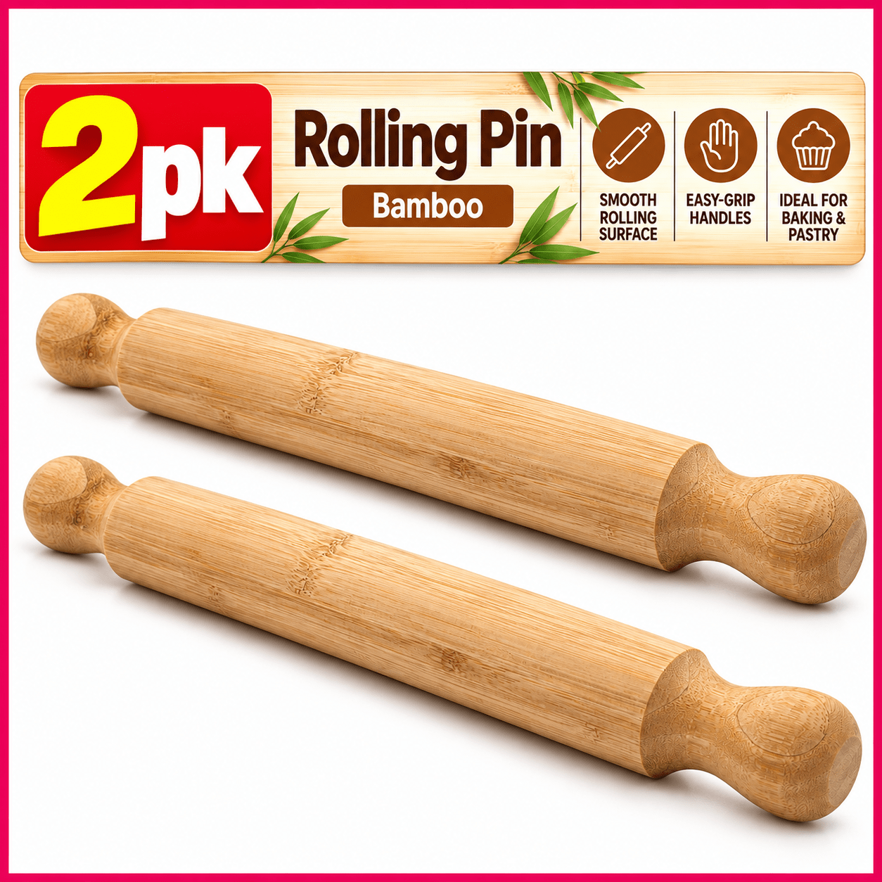 TEMU 2 Pack Bamboo Rolling Pins 40cm | Pastry Rolling Pin & Dough Roller For Baking | Wooden Rolling Pins With Handles | Baking Tools , Pies, Tarts,