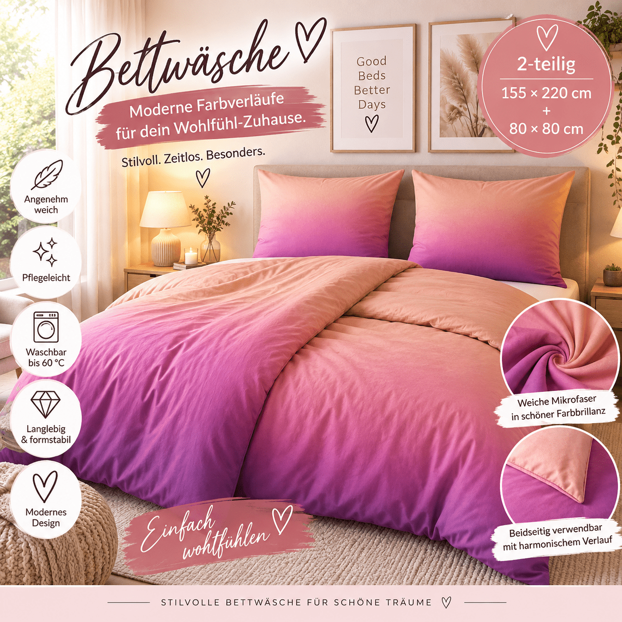 Image of Bedding Set 155x220 Cm + 80x80 Cm Purple Rose Gradient – 2-piece – 100% Polyester – Wrinkle-free