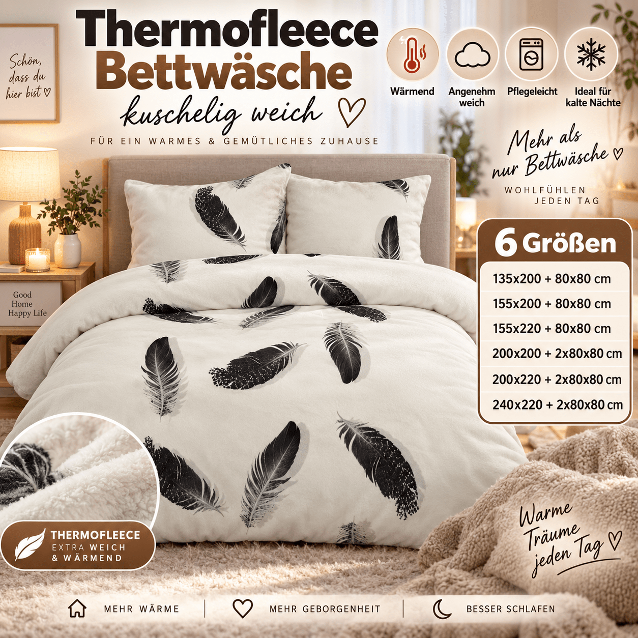 TEMU Bettwäsche Fleece Winter Feder Weiß Schwarz in vielen Größen kuschelig weich Reißverschluss warm Bezug Kissen 80x80 cm