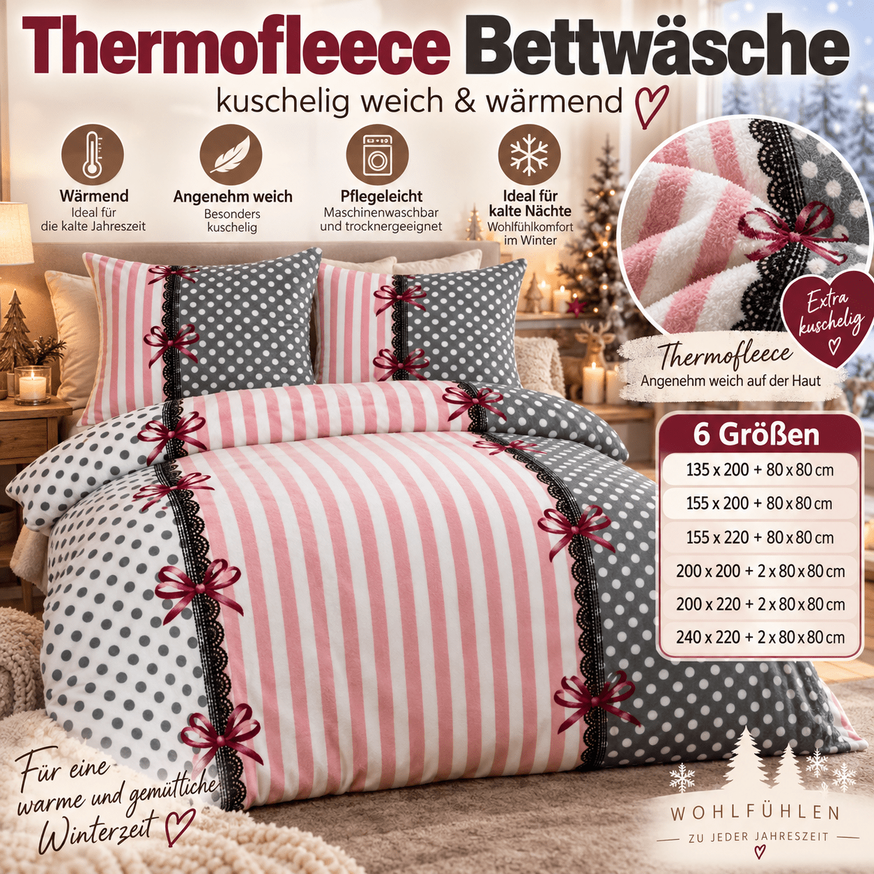 Image of Fleece Winter Bedding With Stripes, Dots, And Loops In Pink, Grey, And White, In Many Sizes, Soft, Cozy, Zip-up, Warm, And With A Pillowcase 80x80 Cm.