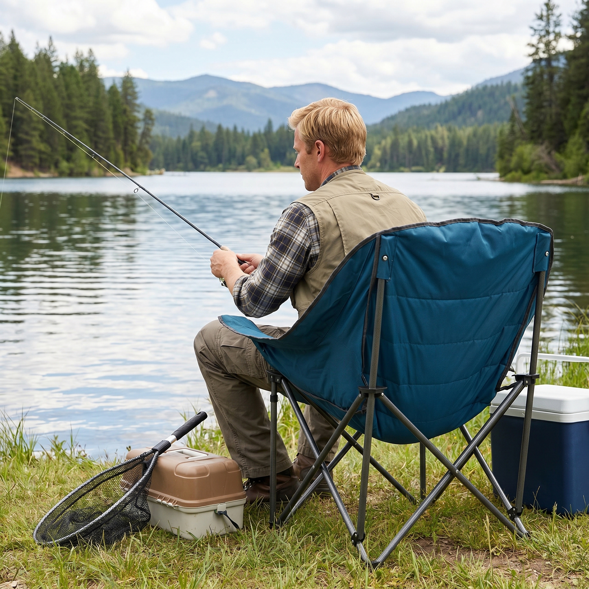Image of Oversized Camping Chair, Folding Upholstered Oxford Chair With Side Pockets And Cup Holder, Metal Lawn Seating With Carrying Bag