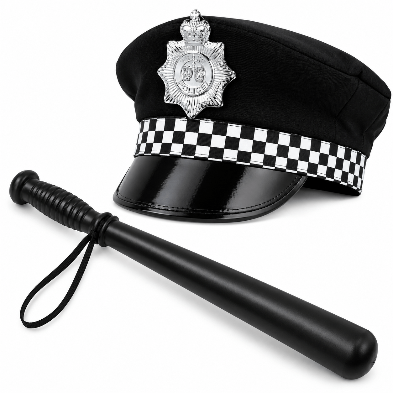 TEMU 2pcs Adult Uniform Style Fancy Dress Set | Black Checked Peaked Hat & 52cm Costume Stick | Costume Accessories For Parties, Themed Events &