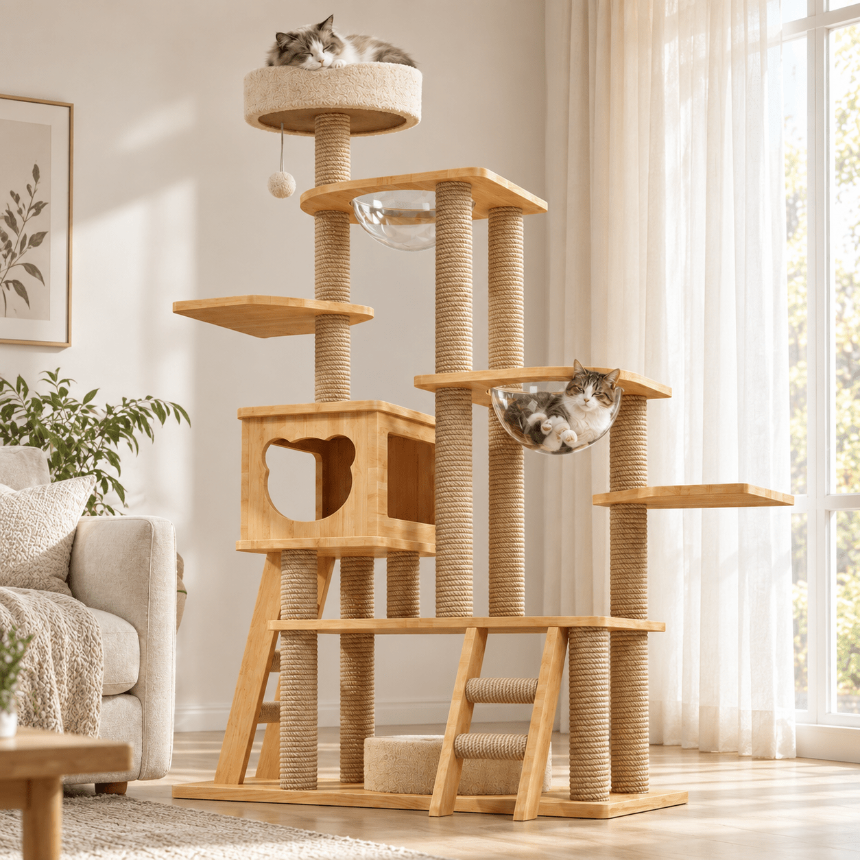 TEMU Árbol para gatos grande de varios niveles, 177 cm, con 2 hamacas transparentes, , cama superior, postes rascadores, escalera y colgante – 100 ×