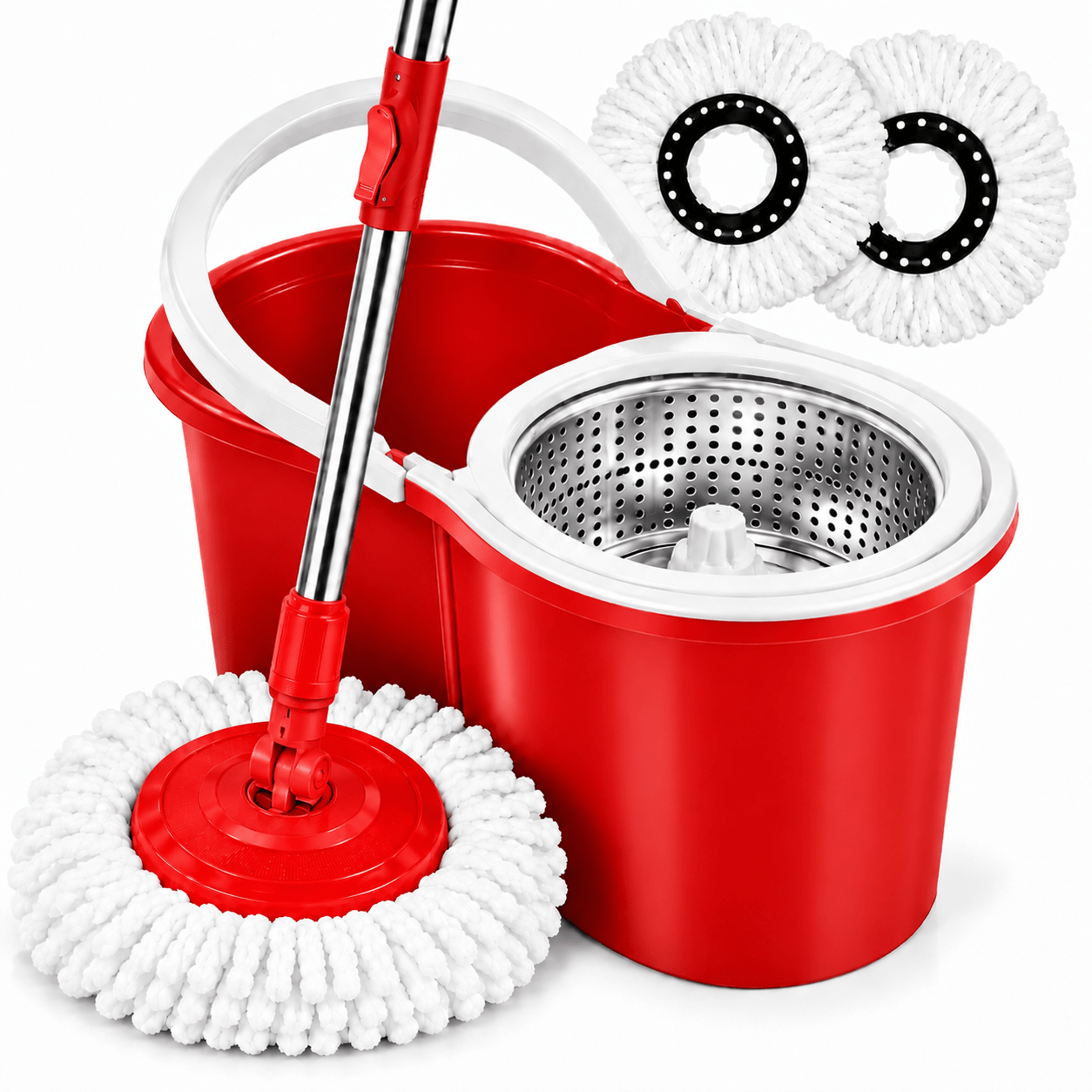 TEMU Mop & Bucket Cleaning System With Stainless Steel Wringer – Wash & Spin Dry Floor Mop With Microfibre Head + 2 Replacement Mop Heads – For Tile