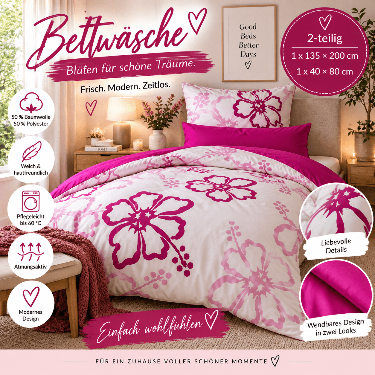 Image of Bedding Set 135 × 200 Cm + 40 × 80 Cm – Pink Floral Reversible Bedding With Button Closure
