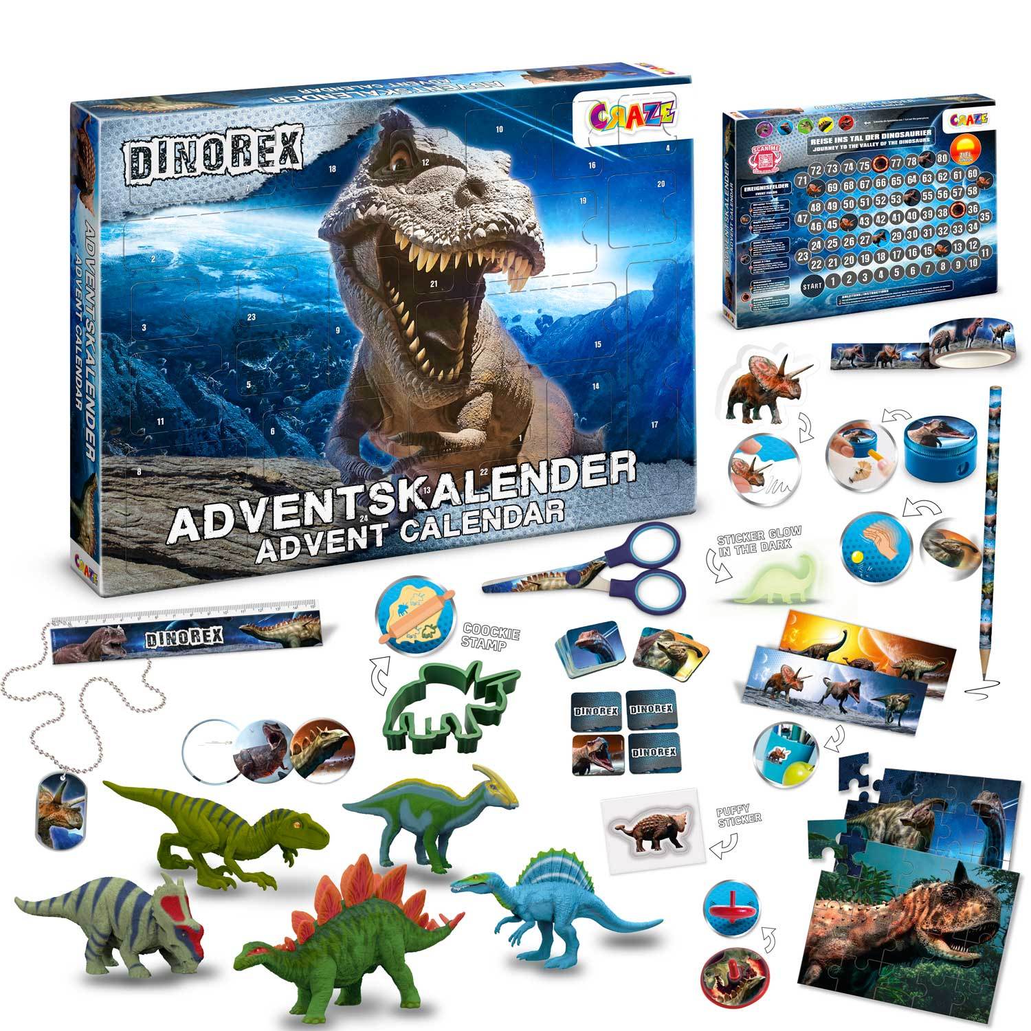 Image of Dinosaur Advent Calendar For Children Aged 3 And Up, 24 Surprises With Dino Figures, Stickers, Stationery, Puzzle And Memory