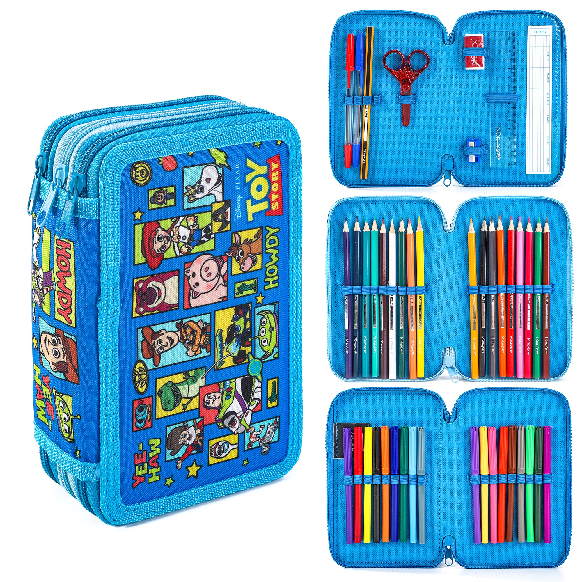 TEMU Official Pixar Filled Pencil Case Light Blue– Licensed Double Compartment School Stationery Set With Colouring Pencils, Felt Tips, Pens, Ruler,