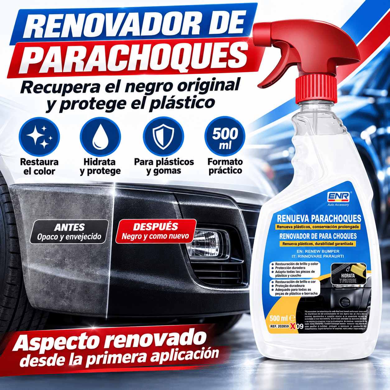 TEMU Renovador de Plásticos para Coche 500 ml, Spray Restaurador de Parachoques y , Abrillantador para Molduras Exteriores, Retrovisores,