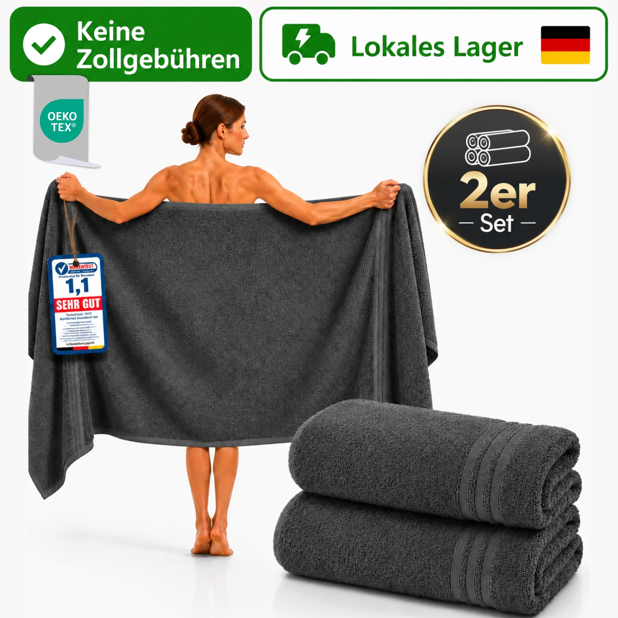 Image of 2-piece Set Xxl Sauna Towels 80 X 200 Cm – 100% Cotton, Soft & Absorbent, Quick-drying, Terry Sauna Towel, Gray