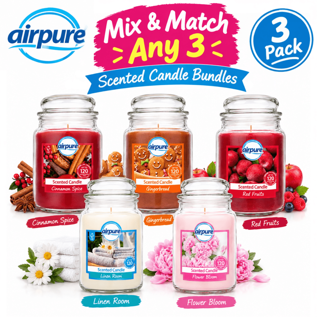 TEMU Pack Of 3 - Airpure Any 3 Scented Candle Large Jar Bundle Giftset, 510g Each, Cinnamon Spice, Gingerbread, Cinnamon, Blush Peony, Linen Room,
