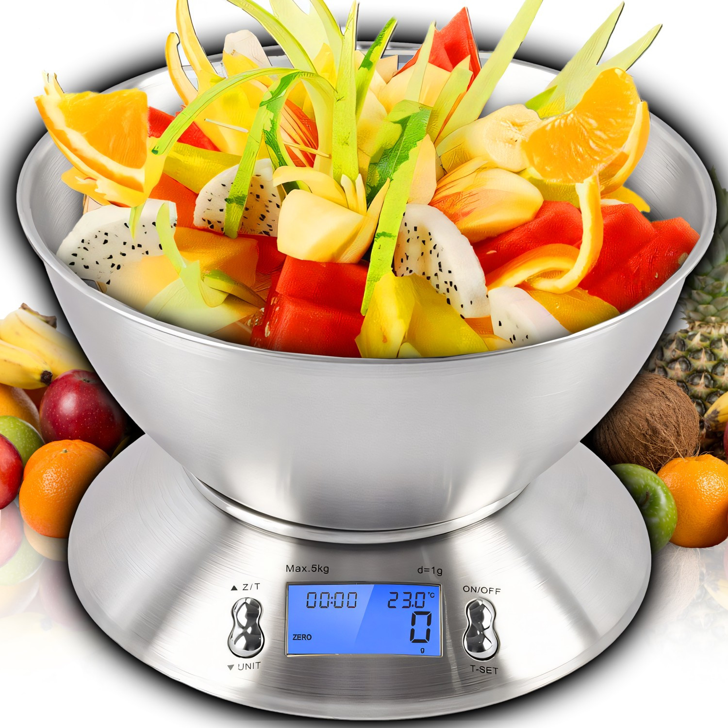 TEMU Digital Kitchen Scale With Bowl, 5kg/1g Electronic Food Scale With 1.8l Stainless Steel Bowl, Lcd Display, Function, Timer, Ambient Temperature