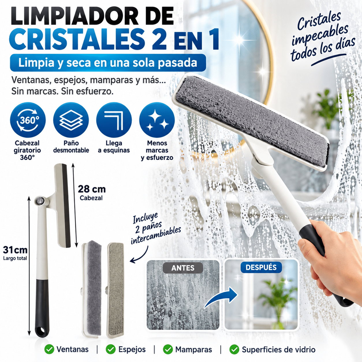 TEMU Limpiacristales con Cabezal Giratorio 360°, Limpiador de Ventanas con Paño Desmontable y Lavable, Mango Ergonómico 31 cm, Herramienta para