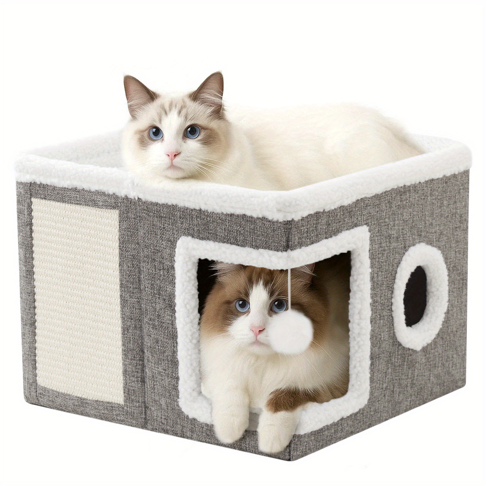 TEMU Indoor Cat House With 2 Floors - Cat Cave With Scratching Board & Play Ball, Foldable Cat Bed With Cushion, Sturdy Large Cat Cave For Cats, Cat
