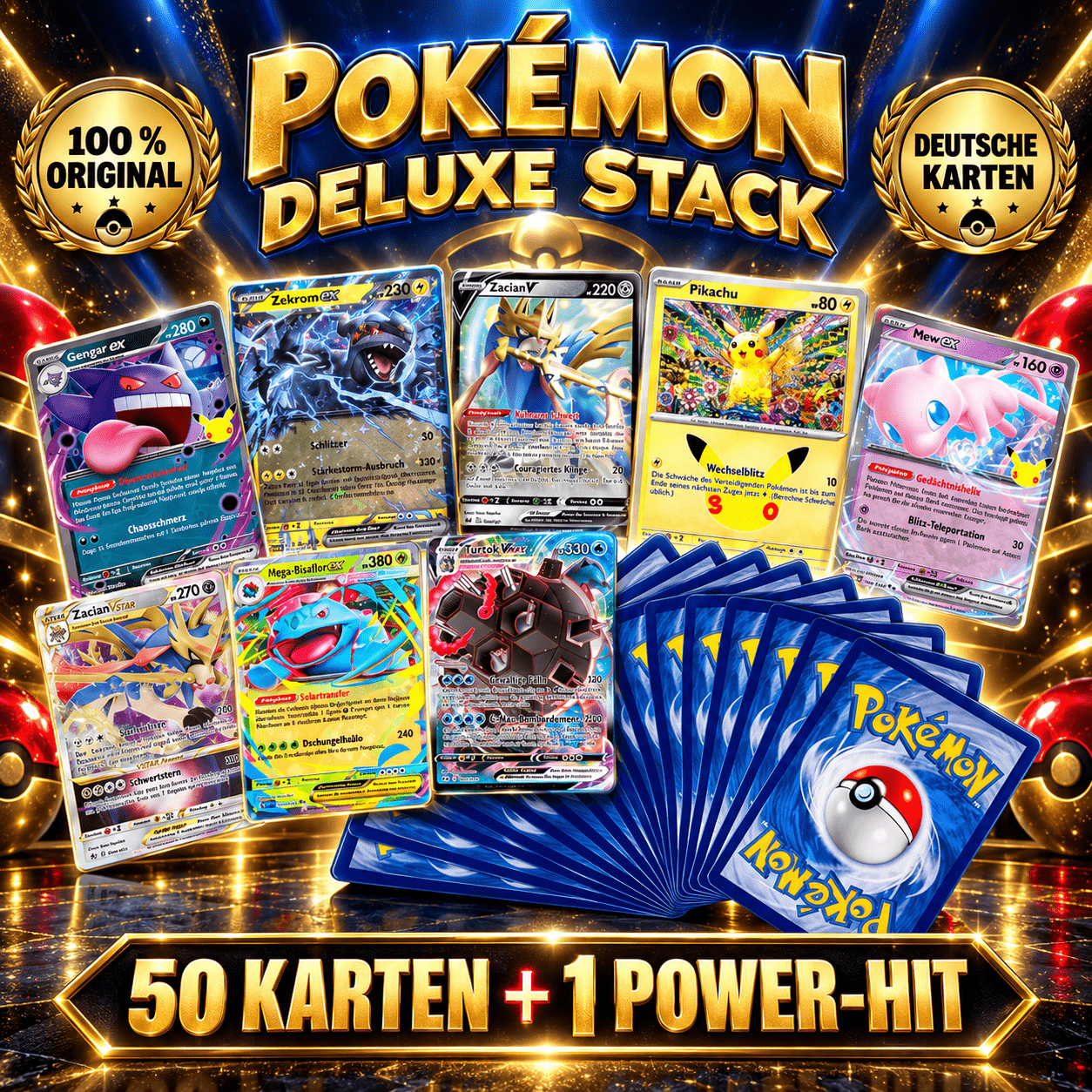 Image of 51-card Pack - Original And German Cards! 1 Ex/gx///v/rainbow Or Rainbow Guaranteed! Deluxe Stack