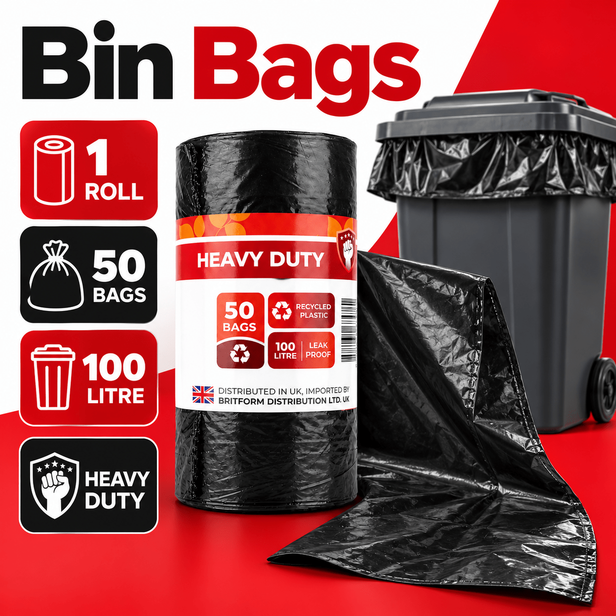 TEMU 1 Roll 50 Black Bin Bags 100l Strong Thick Leak Proof Household Sacks