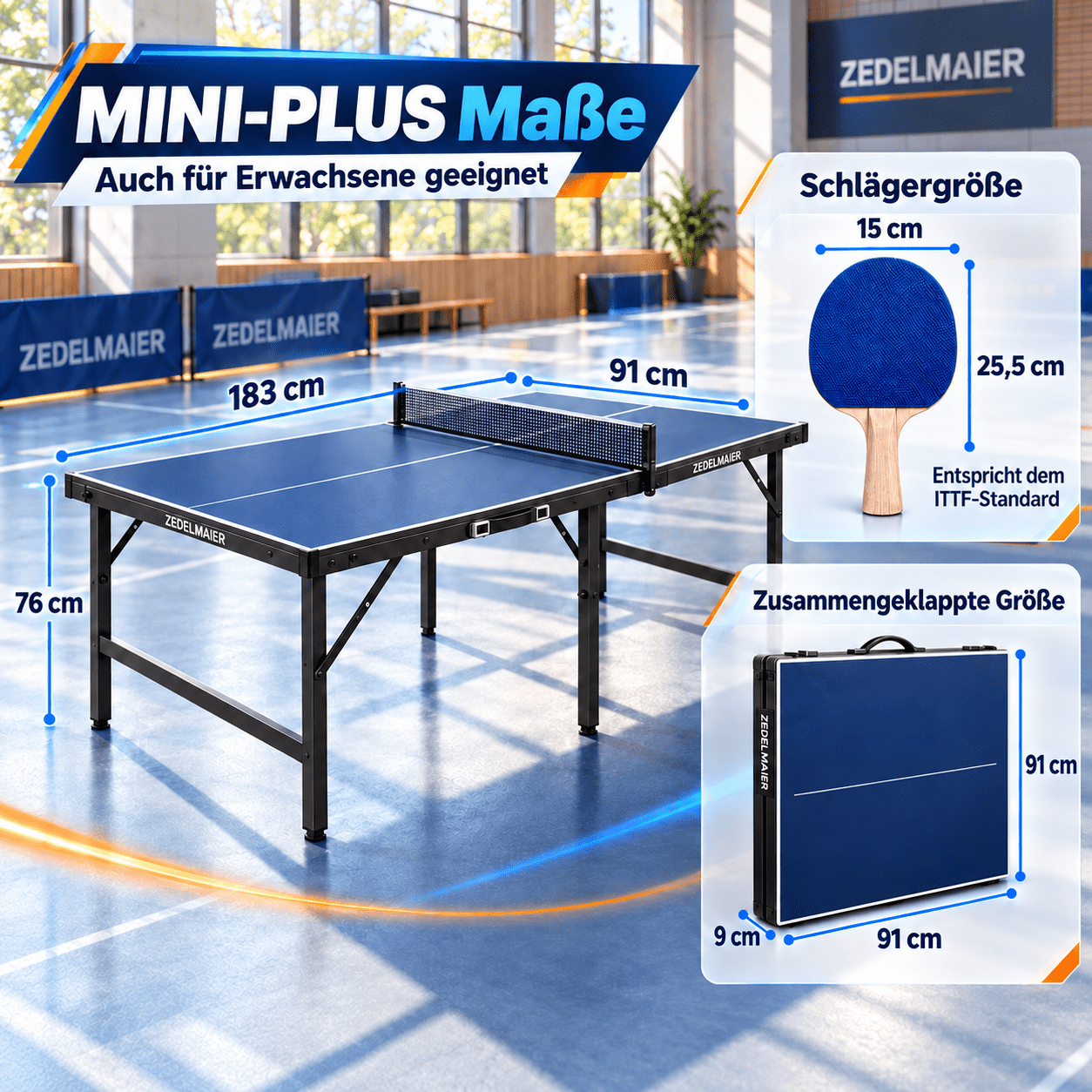 Image of Foldable Table Tennis Table With 2 Sizes From: Family Model 183 X 91 X 76 Cm Or Youth Model 152 X 76 X 70.5 Cm, Space-saving, With Ball Holders, Carrying Handle, Net, 2 Paddles, And 5 Balls