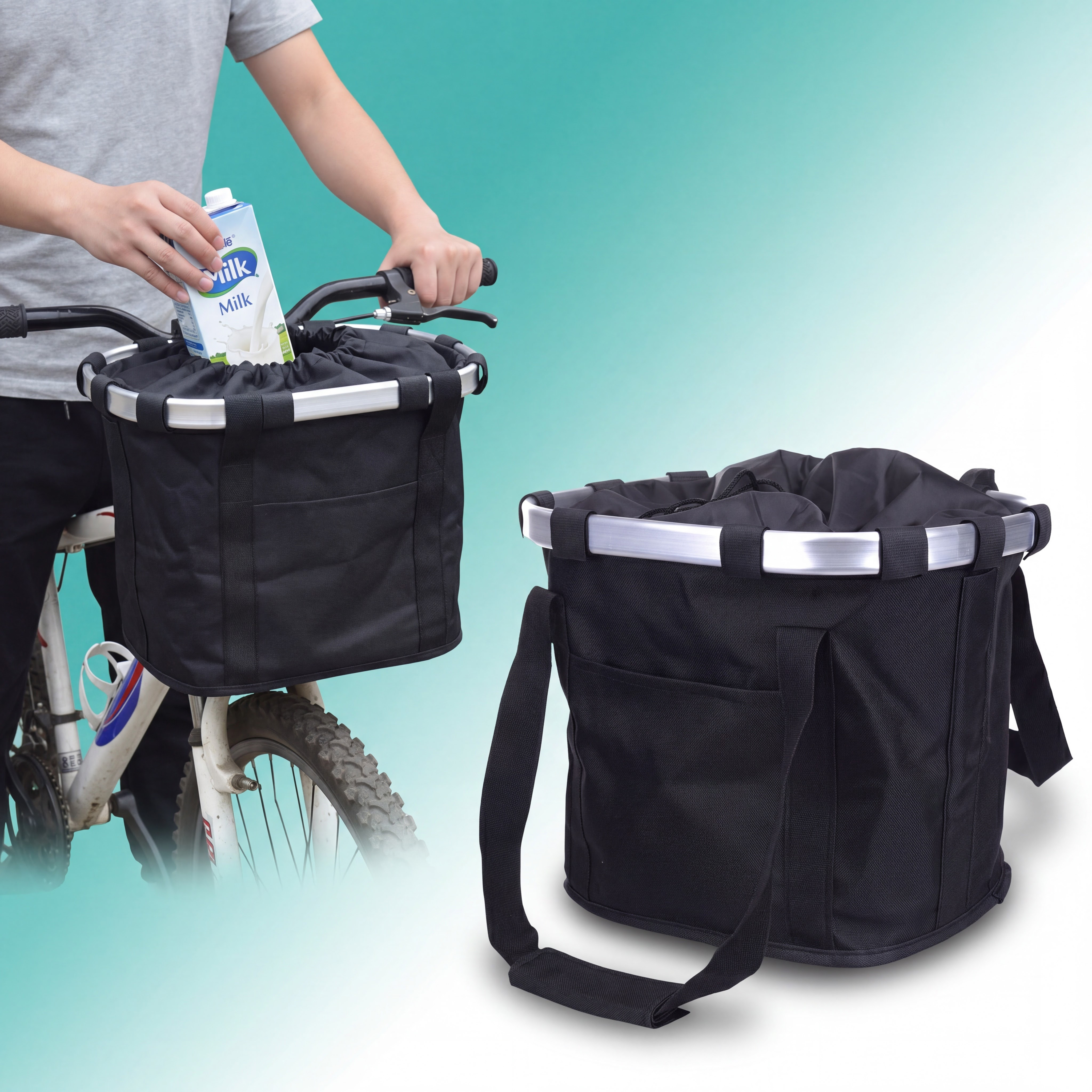 Image of Bicycle Basket For Handlebar 15 L With Quick Qr-halter Mounting, For Handlebar 22-24.5 Mm, Cover With Strap, Pocket For Lock, Carrying Handles, Reinforced Sides And Bottom, Maximum