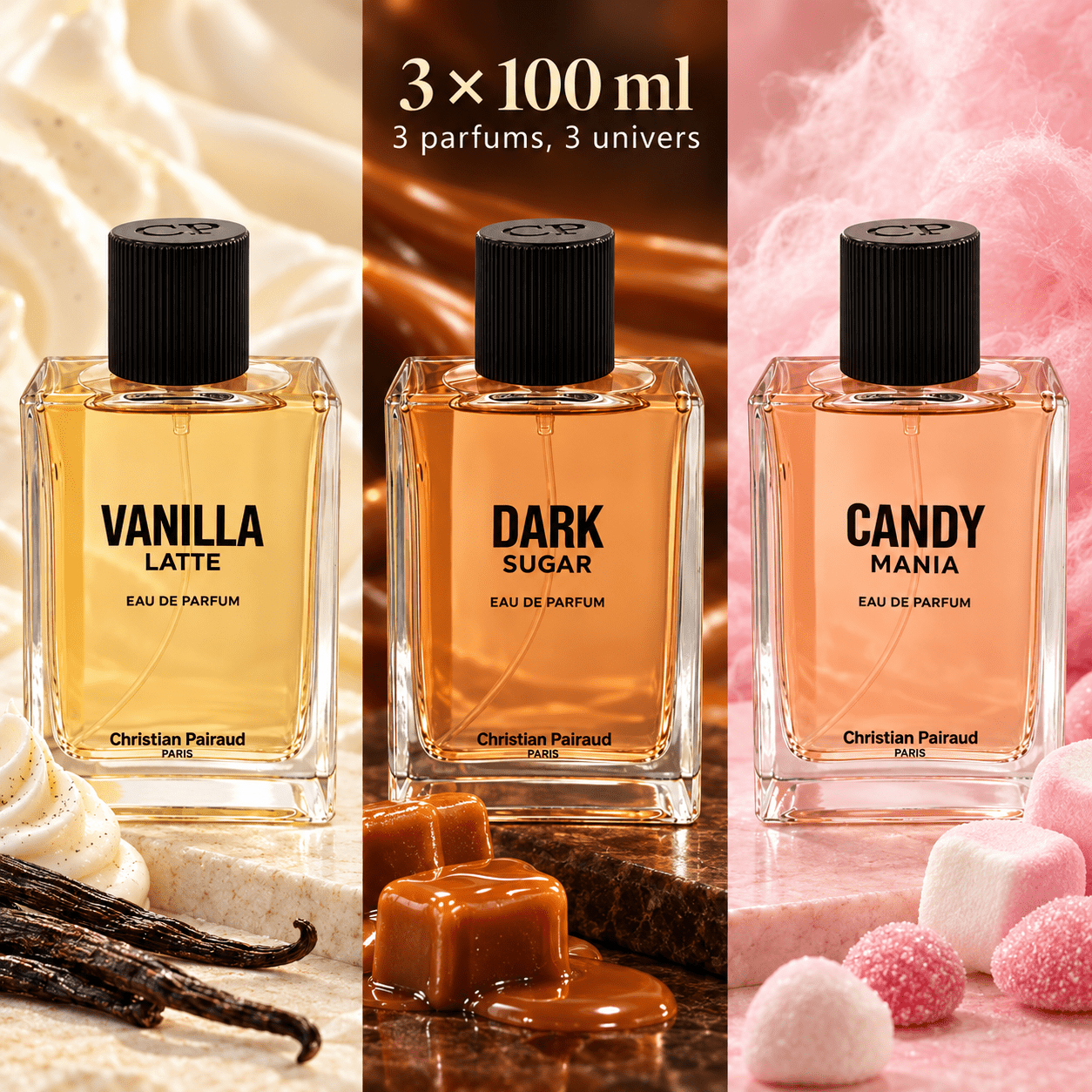 TEMU Lot de 3 Parfums 100ml - Candy Eau de Parfum 100ml, Dark 100ml, Eau de Parfum 100ml- Eau de Parfum , Fragrance pour Femme-Senteur douce